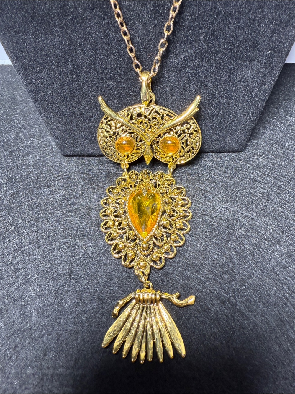 Estate Gold-Tone Owl Pendant Necklace with Amber Accents